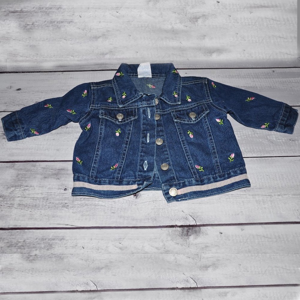 Little Girl Long Sleeve Blue Jean Jacket With Embroidered Rosebuds